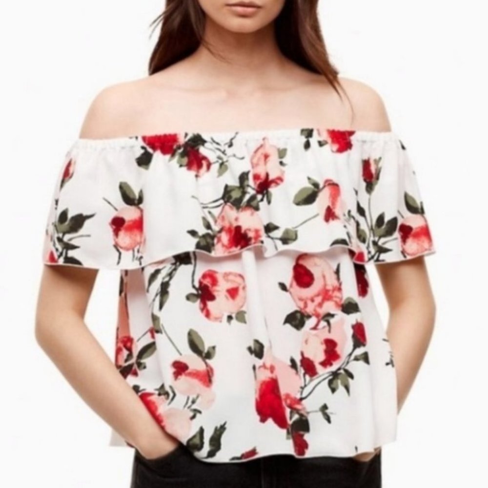 Aritzia Wilfred Floral Promener Top Off Shoulder Blouse Size XS Japanese Crepe